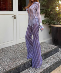 Lunivop Women Striped 2 Piece Matching Outfit Set Lapel Button Down Long Sleeve Shirt High Waist Pants Suit Casual Daily Holiday Outwear