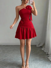 Lunivop Red one shoulder bow adorned ruched short dress,Red asymmetrical strap bow slim fit dress,Red one shoulder ruffled mini dress