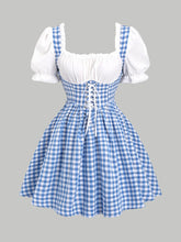 Lunivop Blue and white gingham square necked puff sleeved lace up short dress