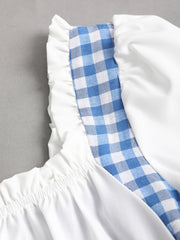 Lunivop Blue and white gingham square necked puff sleeved lace up short dress