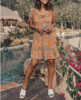 Lunivop Wood ears Lacing up O neck Orange Camellia Floral Print Short Sleeve Dress Retro Spliced Pleated Mini Short Dresses