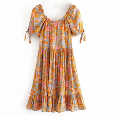 Lunivop Wood ears Lacing up O neck Orange Camellia Floral Print Short Sleeve Dress Retro Spliced Pleated Mini Short Dresses