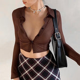 Lunivop Brown Vintage Y2K Mesh Tops Women Button Up Long Sleeve Cropped Tee Shirt See Through Sexy Rave E Girl T-Shirts Autumn блузка