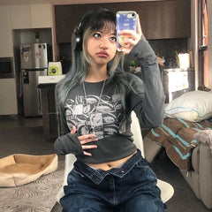 Lunivop Women retro Eyes Print Tops Fairy Grunge Graphic Spring T Shirts Vintage Indie Aesthetic Clothes Cyber Y2k Slim Long Sleeve Top