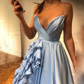 Lunivop Elegant Turquoise V-Neck Satin Ruffles Prom Dress Hot Sale Spagetti Straps A-Line Long Evening Dress Plus Size Party Dress