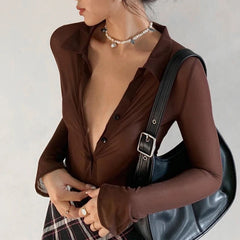 Lunivop Brown Vintage Y2K Mesh Tops Women Button Up Long Sleeve Cropped Tee Shirt See Through Sexy Rave E Girl T-Shirts Autumn блузка