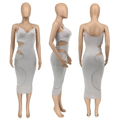 Lunivop Bodycon Dress Summer Clothes For Women New Solid Color Spaghetti Strap V-Neck Sexy Club Outfits Hollow Out Midi Dress