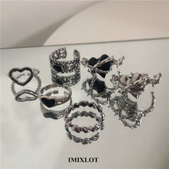 Lunivop Punk Gothic Thorns Black Silver Color Heart Metal Open Adjustable Ring For Women Men Girls Party Grunge Y2k Jewelry Accessories