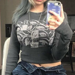 Lunivop Women retro Eyes Print Tops Fairy Grunge Graphic Spring T Shirts Vintage Indie Aesthetic Clothes Cyber Y2k Slim Long Sleeve Top