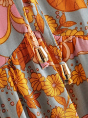 Lunivop Wood ears Lacing up O neck Orange Camellia Floral Print Short Sleeve Dress Retro Spliced Pleated Mini Short Dresses
