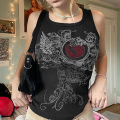 Lunivop Y2k Fairy Grunge Love Wings Rhinestone Graphic Tank Tops Fairy Grunge 90's Aesthetic Clothes Black Ribbed Sleeveless T-Shirts