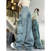 skater boy outfits American Retro Graffiti Cartoon Workwear Jeans Women's Autumn and Winter High Waist Loose Slimming Wide Leg Trousers