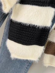 Lunivop Fuzzy Striped Sweater Women Pullovers Cozy Loose Long Sleeve Crop Knit Jumper Knitwear Teen-girl Fall Winter Casual Chic Outfit
