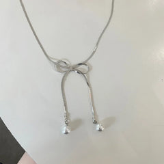 Lunivop New Trendy Simple Silver Bow Pearl Pendant Necklace for Women Exquisite Alloy Chain Sweet Elegant Party Jewelry Wedding Gifts