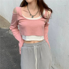 Lunivop Contrast Color Tees Preppy Style Korean Off Shoulder Y2k Sweet Tshirts Crop Tops Fake Two Piece Women Slim Fit Patchwork