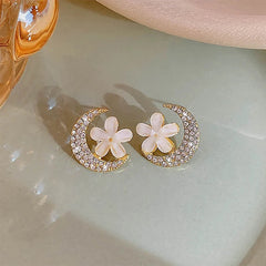 Lunivop Korean Trendy Cute Bling Zircon Moon Flower Earrings for Women Elegant Niche Design Party Jewelry Girlfriend Gifts