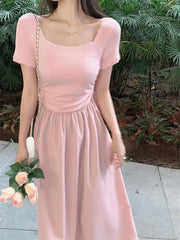 Lunivop Summer Elegant Cotton Midi Dress Korean Short Sleeve Beach Style Sundress Party Even Office Lady Sexy Corset Dress Women