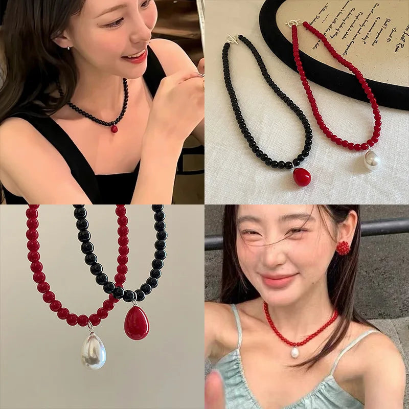 Lunivop Glass Bead Neckchain Vibrant Color Pearl Drop Pendant Necklace Stylish Choker Ornament Anniversary Birthday Gift D0LC