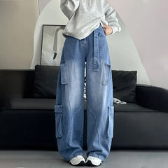 Lunivop American Hip Hop Big Pocket Cargo Jeans Women Autumn Winter Oversized Wide Leg Jeans Popular Vintage Blue Denim Pants Mujer