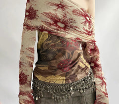 Lunivop Vintage Mesh See Through Cropped Top y2k Aesthetic Floral Print Slash Neck Long Sleeve T-Shirts Women Retro Fashion Tees