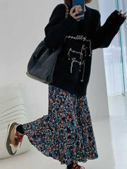 Lunivop Vintage Blue Flower Print Skirt for Women Summer New High Waist A-line Skirts Lazy All-match Mid-length Loose Faldas Mujer