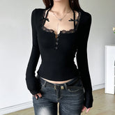 Lunivop Solid Bow Stitching Square Collar T-shirt Korean Fashion Women's Cropped Top Casual Full Sleeve Skinny Tee y2k Aesthetic