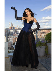 Lunivop Fashion Spaghetti Straps Long Evening Dresses Women Blue And Black Party Tulle Dress Sheer See Thru Draped Pleated Tulle Dress