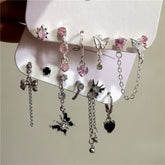 Lunivop 6PCS Pink Crystal Heart Black Butterfly Drop Earring Set For Women Gothic Y2K Cute Aesthetic Jewelry Scene 2000s EMO Accessories