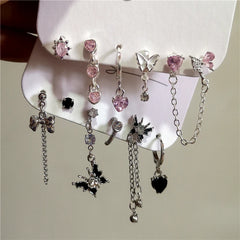 Lunivop 6PCS Pink Crystal Heart Black Butterfly Drop Earring Set For Women Gothic Y2K Cute Aesthetic Jewelry Scene 2000s EMO Accessories