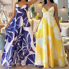 Lunivop Print Sleeveless Casual Women Dress Sexy V Neck Straps Summer Beach Dresses Backless A-line Floor-Length Draped Robe