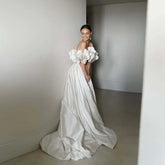 Lunivop Simple Beige Satin Strapless Wedding Dress Hi Low Sweep Train Banquet Dress Women Hand Made Floral Appliques Slit Bridal Dresses