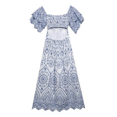 Lunivop Women Ruffles Flare Sleeve Midi Holiday Dresses BOHO Summer Blue White Floral Embroidery Hollow Out hole Slit Backless Dress