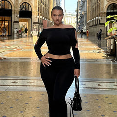 Lunivop Knotted Long Sleeve Slim Crop Top Tshirt Long Flare Pant Women'Sets Casual Clothes Fashion Streetwear 2024 Outfits