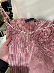 Lunivop Vintage Red Plaid Mini Camis Dress Summer Lace Trim Buttons V-neck Cotton A-line Short Vestidos Woman Preppy Style Sweet Dresses
