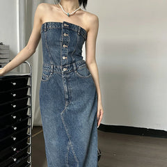 Lunivop Denim Strapless Buttons Stretchy Slim Slit Long Dress Casual Fashion Streetwear Summer Vacation Daily Party Women Clothes