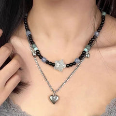 Lunivop Kpop Goth Vintage Y2K Star Heart Pendant Beaded Chain Necklace For Women Men Punk Jewelry Accessories