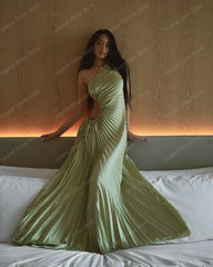 Lunivop Pretty Sage Pleated Satin Maxi Dress For Women Fashion One Shoulder Hollow Out Waist Lady Dress Summer Female Vestidos De