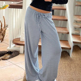 Lunivop Striped Print Drawstring Low-rise Y2k Baggy Pants Comfy Slacks Wide Leg Trousers Women Casual Clothes
