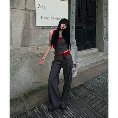 Lunivop Autumn New Fashion Spicy Girl Casual Stripe Waist Loose Wide Leg Pant Fake two pieces Women Trend Y2K Leisure Outfits Pants