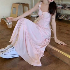Lunivop Pink Cute Midi Dresse Sweet Ruffle Casual Elegant Chic Beach Long Spaghetti Strap Button Holiday Gentle Dress Fairycore