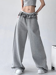 Lunivop Chic Bright Silk Patchwork Sweatpants Women Loose Streetwear High Waist Casual Pant Fashion Pockets Fall American Gray Trousers