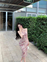 Lunivop Woman Dress Floral Printed Sleeveless V Neck Halter Slim Vintage Split Temperament Party Dresses French Style Chic