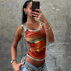Lunivop Fashion Printed Mesh Sheer Crop Top Streetwear Graphic Tank Tops Sexy Y2k Summer Clothes Women Spicy Girl Outfits