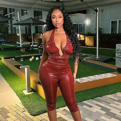 Lunivop Metallic Gilding 2 Piece Set Women Shiny Sexy Deep V Neck Lace Up Halter Backless Ruched Tank Crop Top + Tight Calf-length Pants