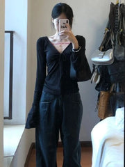 Lunivop Long Sleeve T-shirts Y2K Women Tops V-neck Bandage Sexy Bottoming Tees Slim Fit Autumn Winter Elastic T-Shirt Female Clothing