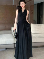 Lunivop Elegant Backless Sexy Club Pleated Vest Long Dresses Women Black High Waist Beige V Nec Vacation Slim Party Evening Dress Summer