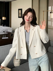 Lunivop Elegant White Blazer Women Slim Long Sleeve Korean Sweet Suit Coat Casual Fashion Fall Double Breasted Female Chic Short Outwear