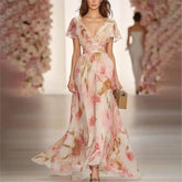 Lunivop Floral Print Summer Casual V -Neck Dresses Short Sleeves Maxi High Waist Midi Swing Dress For Women Elegant