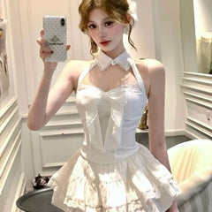 Lunivop Halter Patchwork Lace Bow Slim Fit Vest for Women+ Y2k High Waist Ruched A-line Cake Skirts 2025 Summer New Two Piece Sets