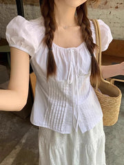 Lunivop Summer Puffy Sleeve Shirt Women Sweet Cute Slim White Blouse Korean Preppy Style Casual Fashion Lace Up Design Kawaii Tops